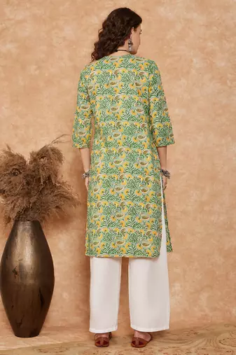 PEAR GREEN YELLOW FLORAL ALIA LACE WORK STRAIGHT KURTA