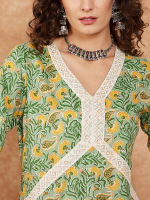 PEAR GREEN YELLOW FLORAL ALIA LACE WORK STRAIGHT KURTA 5