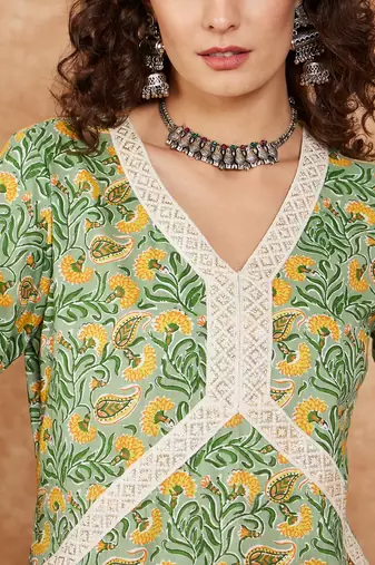 PEAR GREEN YELLOW FLORAL ALIA LACE WORK STRAIGHT KURTA