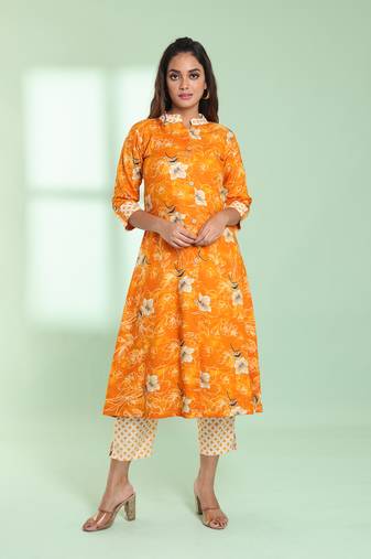 Yellow rayon floral printed a-line kurta set