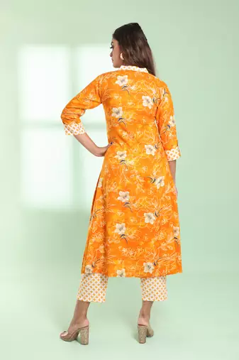 Yellow rayon floral printed a-line kurta set