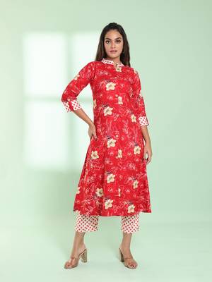 Red rayon floral printed a-line kurta set 1