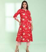 Red rayon floral printed a-line kurta set