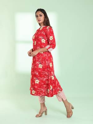 Red rayon floral printed a-line kurta set 2