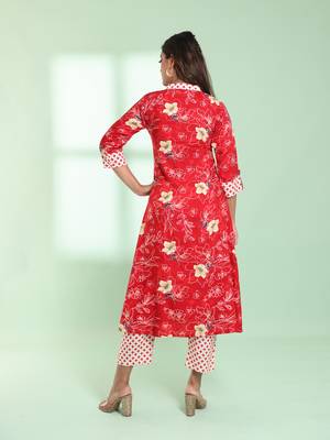 Red rayon floral printed a-line kurta set 3