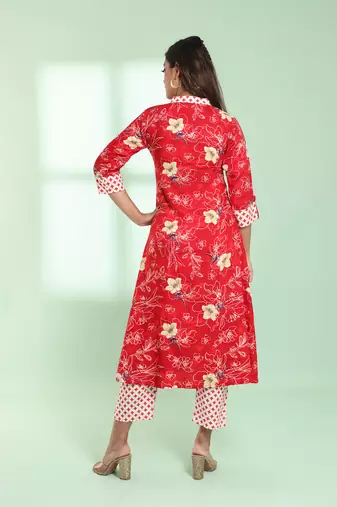 Red rayon floral printed a-line kurta set