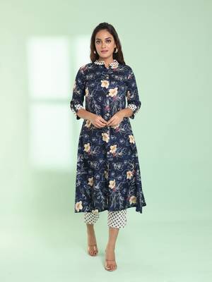 Navy blue rayon floral printed a-line kurta set 1