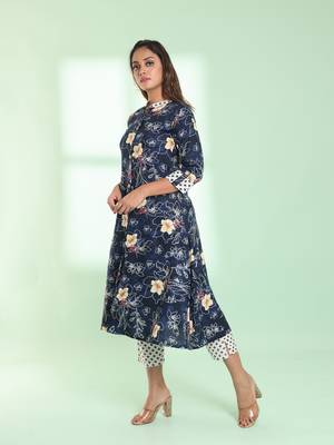 Navy blue rayon floral printed a-line kurta set 2