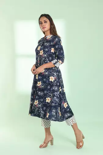Navy blue rayon floral printed a-line kurta set