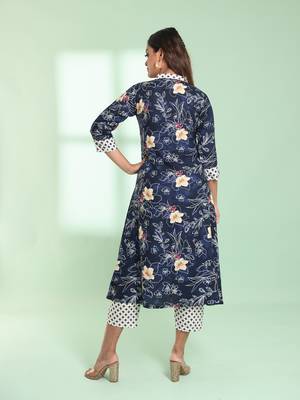 Navy blue rayon floral printed a-line kurta set 3