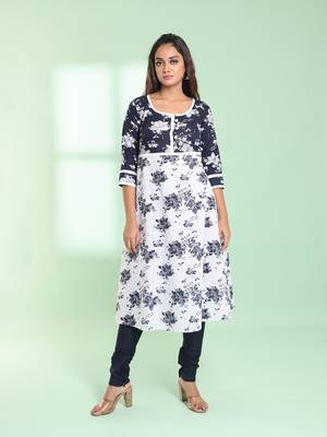 White cotton floral printed fit & flare kurta set 1