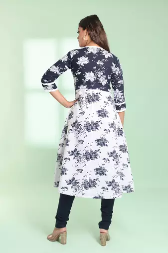 White cotton floral printed fit & flare kurta set