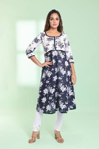 Navy blue cotton floral printed fit & flare kurta set