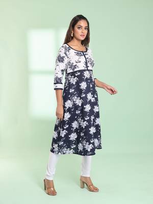Navy blue cotton floral printed fit & flare kurta set 2
