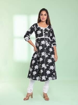 Black cotton floral printed fit & flare kurta set 1