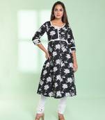 Black cotton floral printed fit & flare kurta set