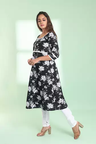 Black cotton floral printed fit & flare kurta set
