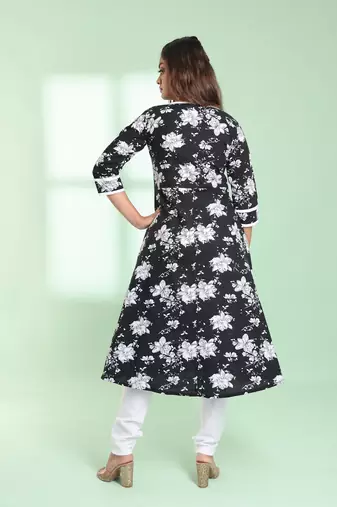 Black cotton floral printed fit & flare kurta set