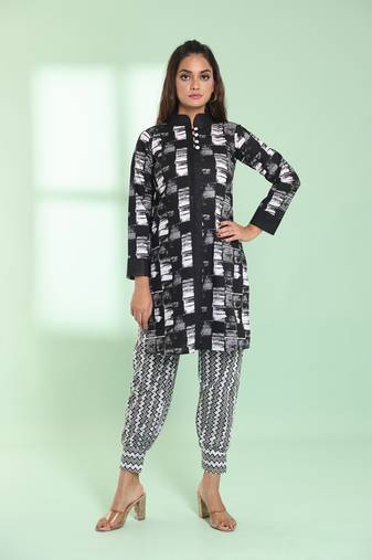 Black cotton abstract printed straight kurta set