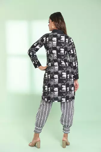 Black cotton abstract printed straight kurta set