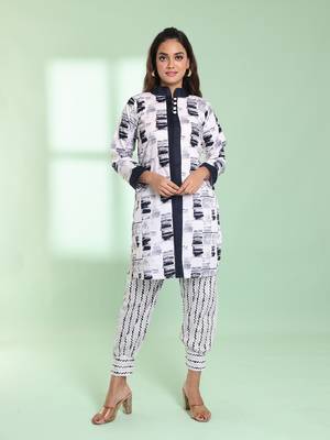 White cotton abstract printed straight kurta set 1