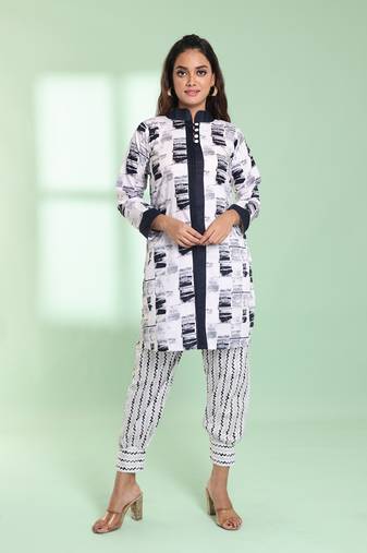 White cotton abstract printed straight kurta set