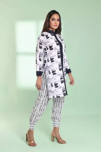 White cotton abstract printed straight kurta set