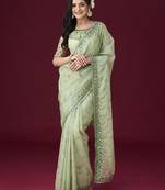 Green organza saree for women