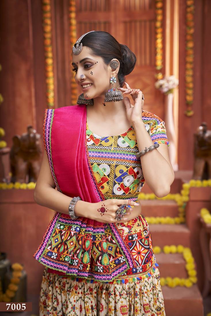 Multicolor Cotton Silk Hand Embroidered Lehenga