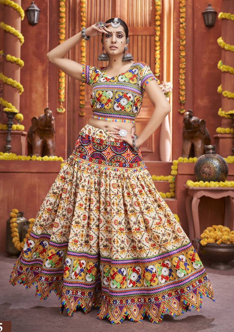 Multicolor Cotton Silk Hand Embroidered Lehenga