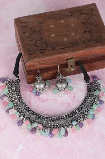 Classic oxidised multi colour necklace set