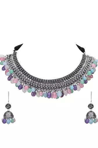 Classic oxidised multi colour necklace set
