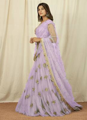 lavender  Embroidery Work  Net with Raw Silk Lehenga Choli 1
