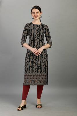 Black ethnic printed rayon straight kurti 1
