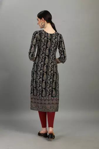 Black ethnic printed rayon straight kurti