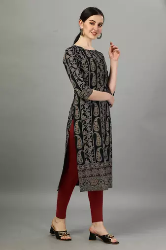 Black ethnic printed rayon straight kurti