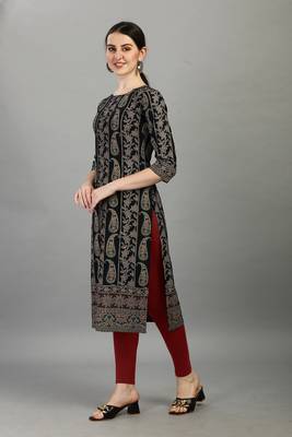 Black ethnic printed rayon straight kurti 4