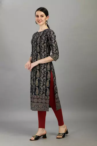 Black ethnic printed rayon straight kurti