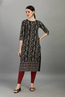 Black ethnic printed rayon straight kurti 5