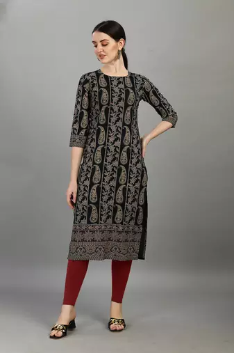 Black ethnic printed rayon straight kurti