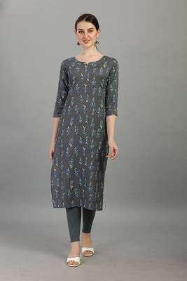 Grey floral printed rayon straight kurti 1
