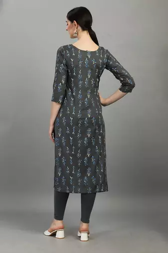 Grey floral printed rayon straight kurti