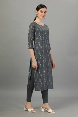 Grey floral printed rayon straight kurti 3