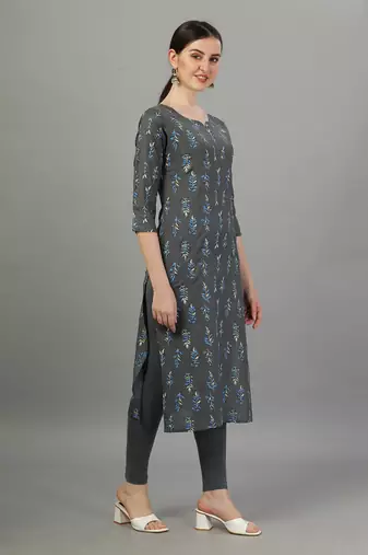 Grey floral printed rayon straight kurti