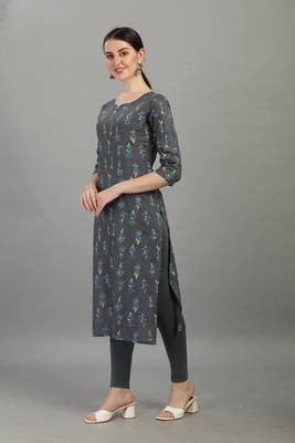 Grey floral printed rayon straight kurti 4