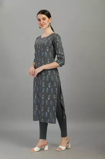 Grey floral printed rayon straight kurti