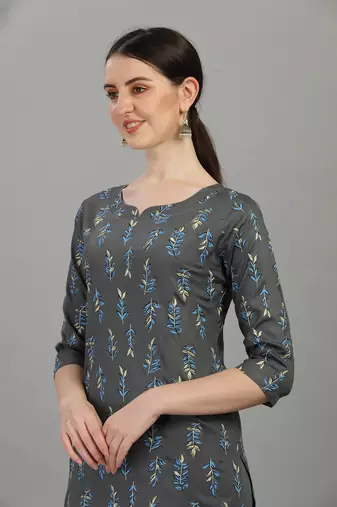 Grey floral printed rayon straight kurti