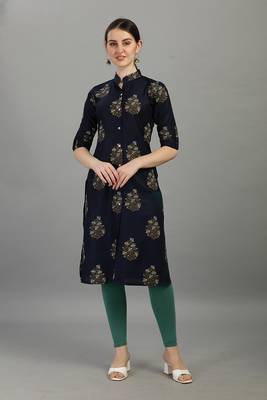 Navy floral printed rayon collar neck front button straight kurti 1