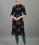 Navy floral printed rayon collar neck front button straight kurti