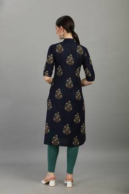 Navy floral printed rayon collar neck front button straight kurti 2